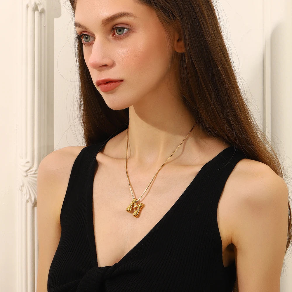 E.B.belle Large Bubble 26 Letter Pendant Necklace 18K Gold Plated Women's