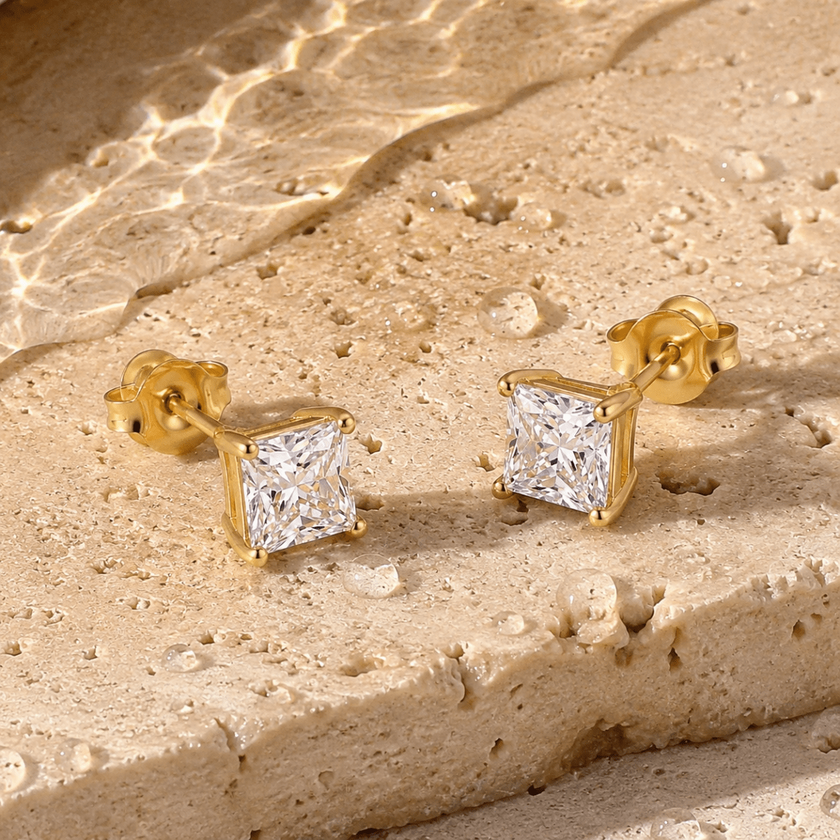 Cala Square Solitaire Stud Earrings - Luzy Jewels