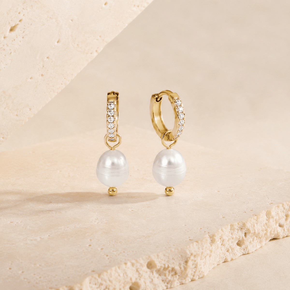 Coralia Pearl Pavé Huggie Earrings - Luzy Jewels