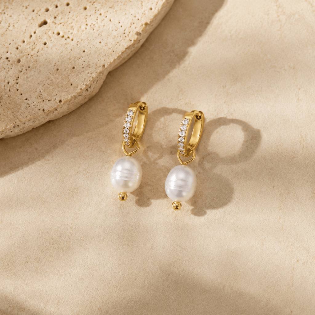 Coralia Pearl Pavé Huggie Earrings - Luzy Jewels