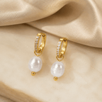 Coralia Pearl Pavé Huggie Earrings - Luzy Jewels