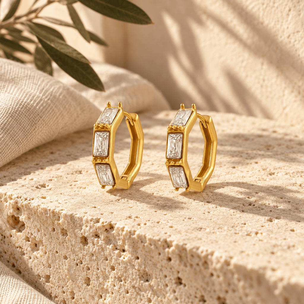 Elirena Geometric Stone Hoop Earrings - Luzy Jewels
