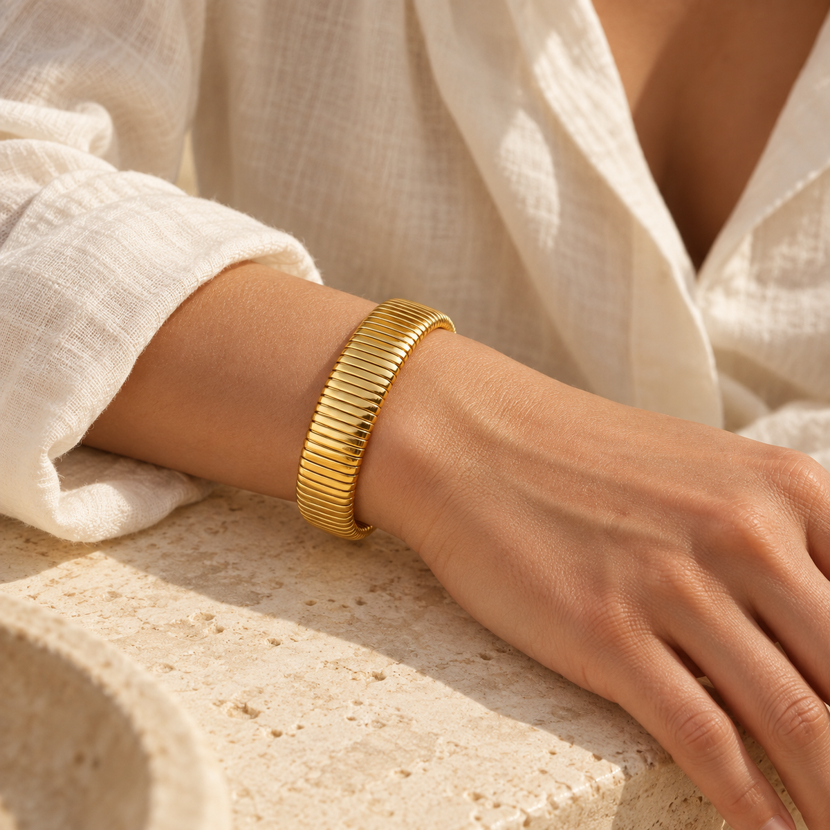 Canelise Ribbed Panel Bracelet — worn at realistic scale