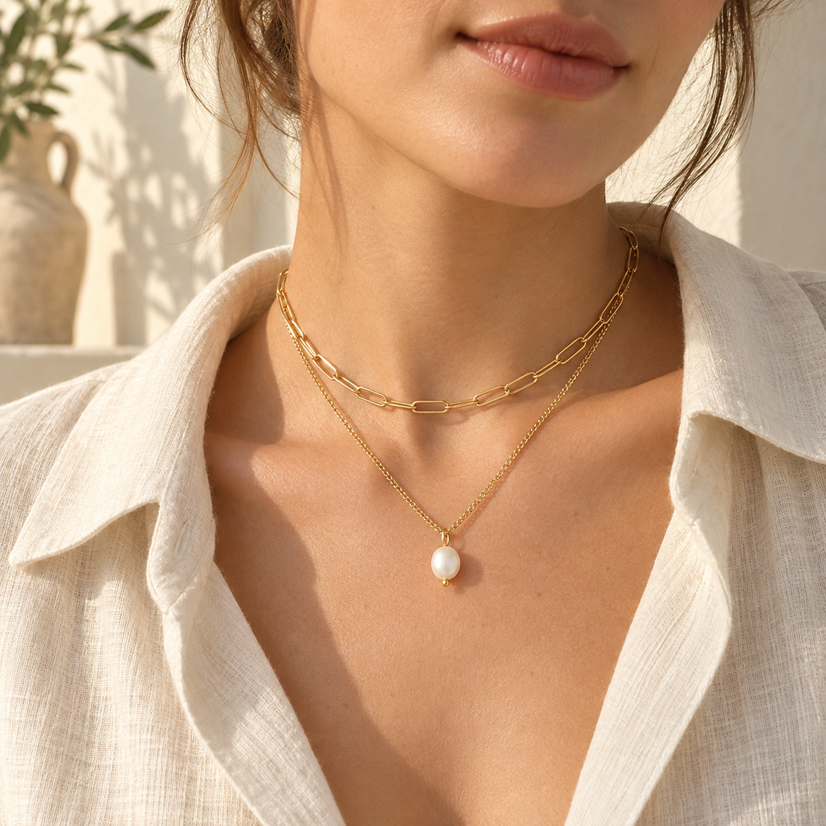 Doreva Layered Pearl Necklace — worn at realistic scale