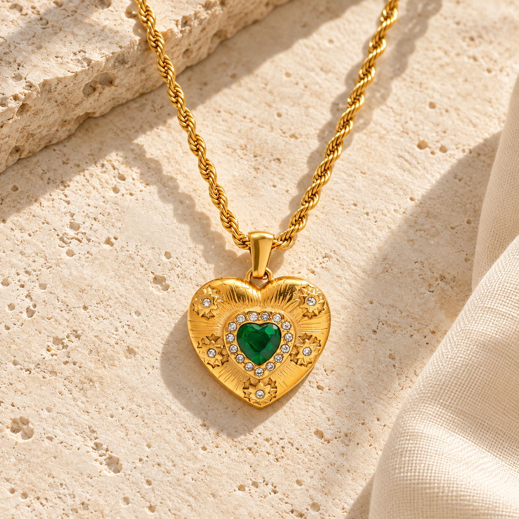 Elarisse green heart medallion with clear stone halo, five rosettes and gold rope chain
