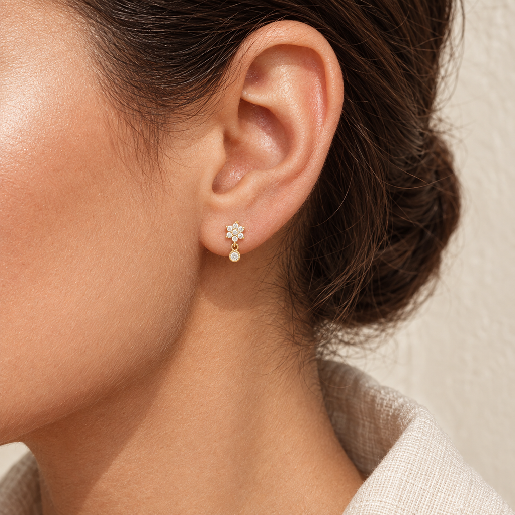 Florisse Flower Drop Stud — worn at realistic scale