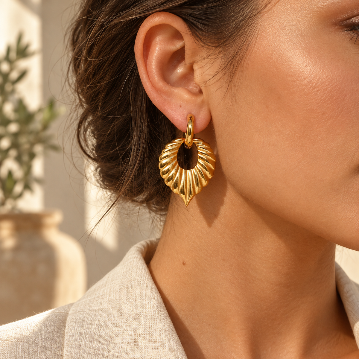 Folivienne Ribbed Leaf Drop Earrings — worn at realistic scale