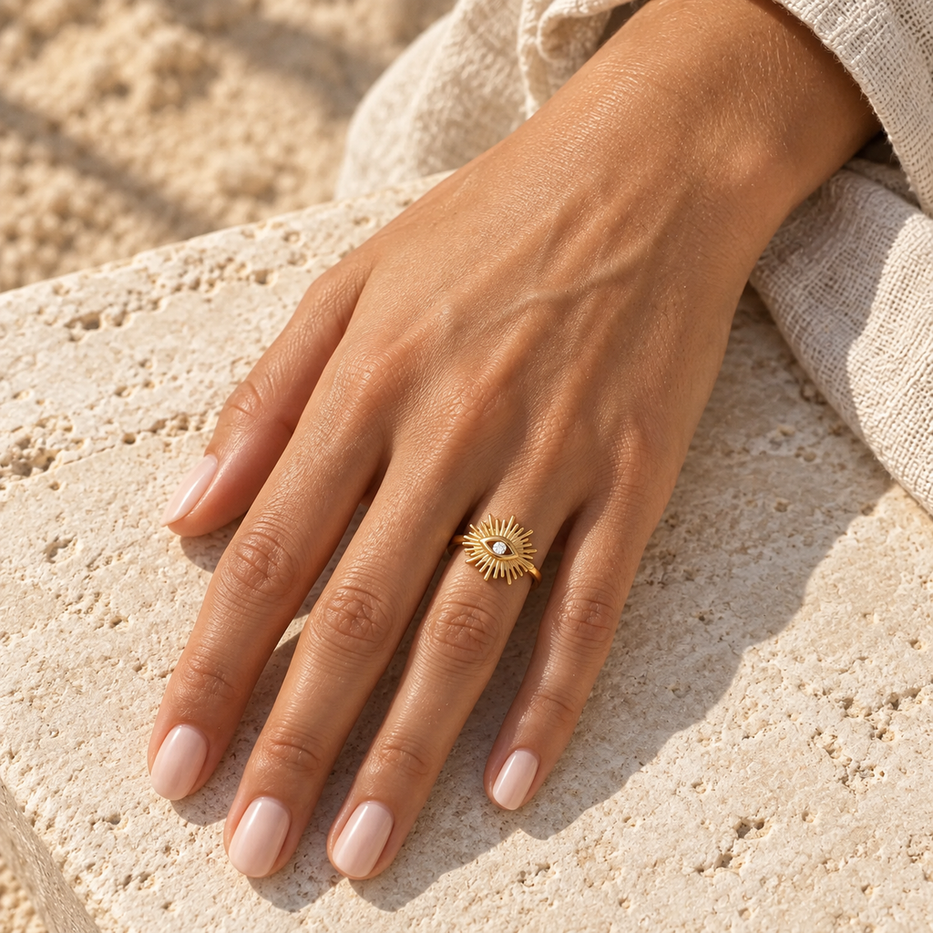 Heliave Sunray Eye Ring — worn at realistic scale