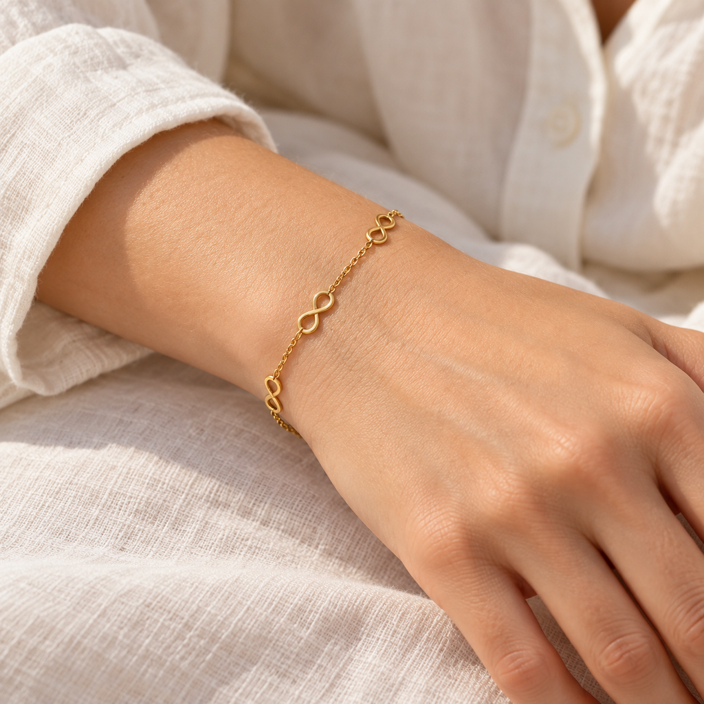 Infinitelle Triple Infinity Bracelet — worn at realistic scale