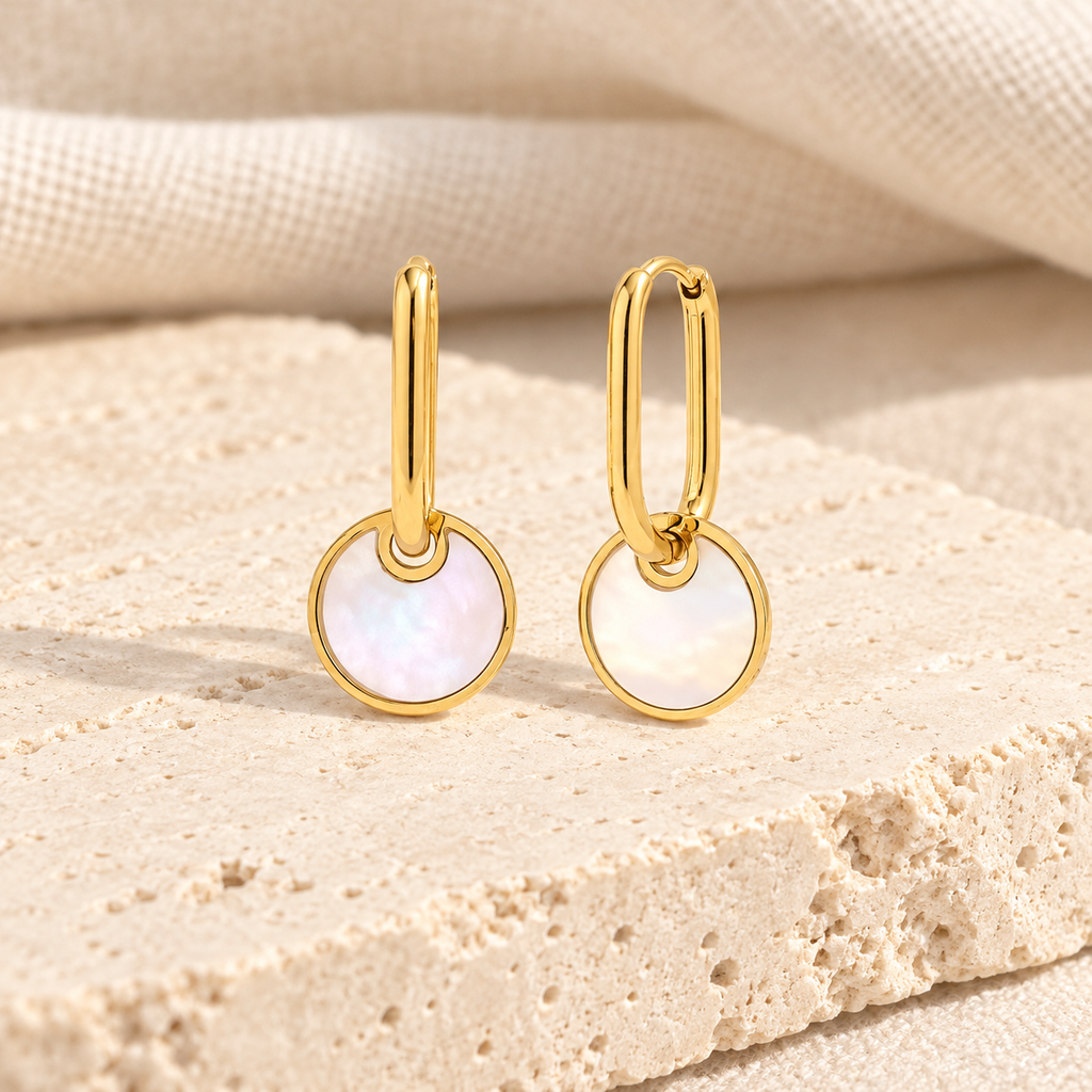 Nacrelle Shell Disc Drop Hoops — full product view