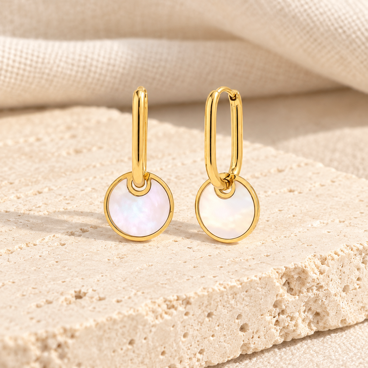 Nacrelle Shell Disc Drop Hoops — full product view