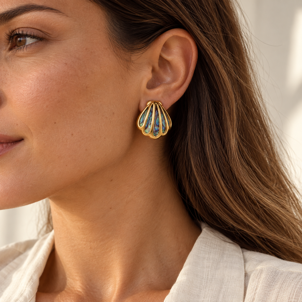 Neravella Iridescent Shell Stud Earrings — worn at realistic scale