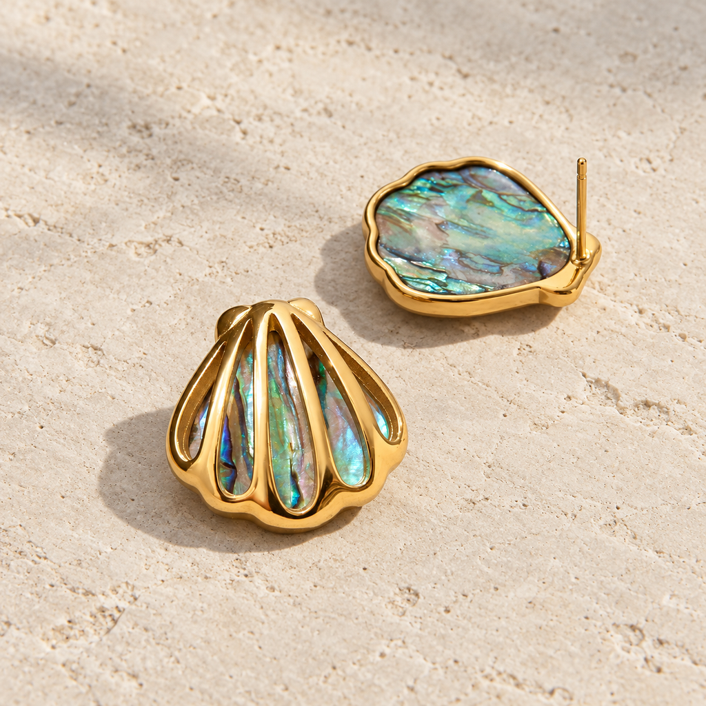 Neravella Iridescent Shell Stud Earrings — construction and finish detail