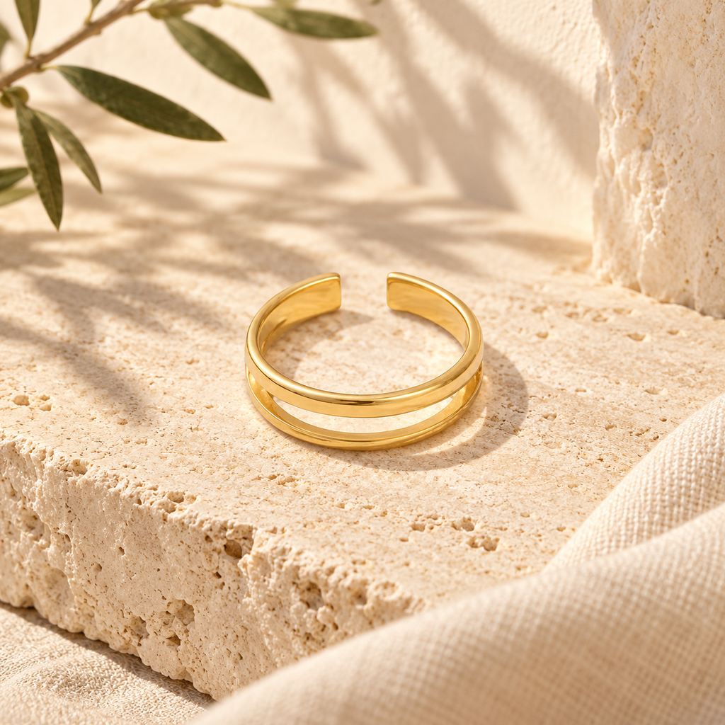 Olivenia Double-Rail Open Ring in gold – Mediterranean view 1