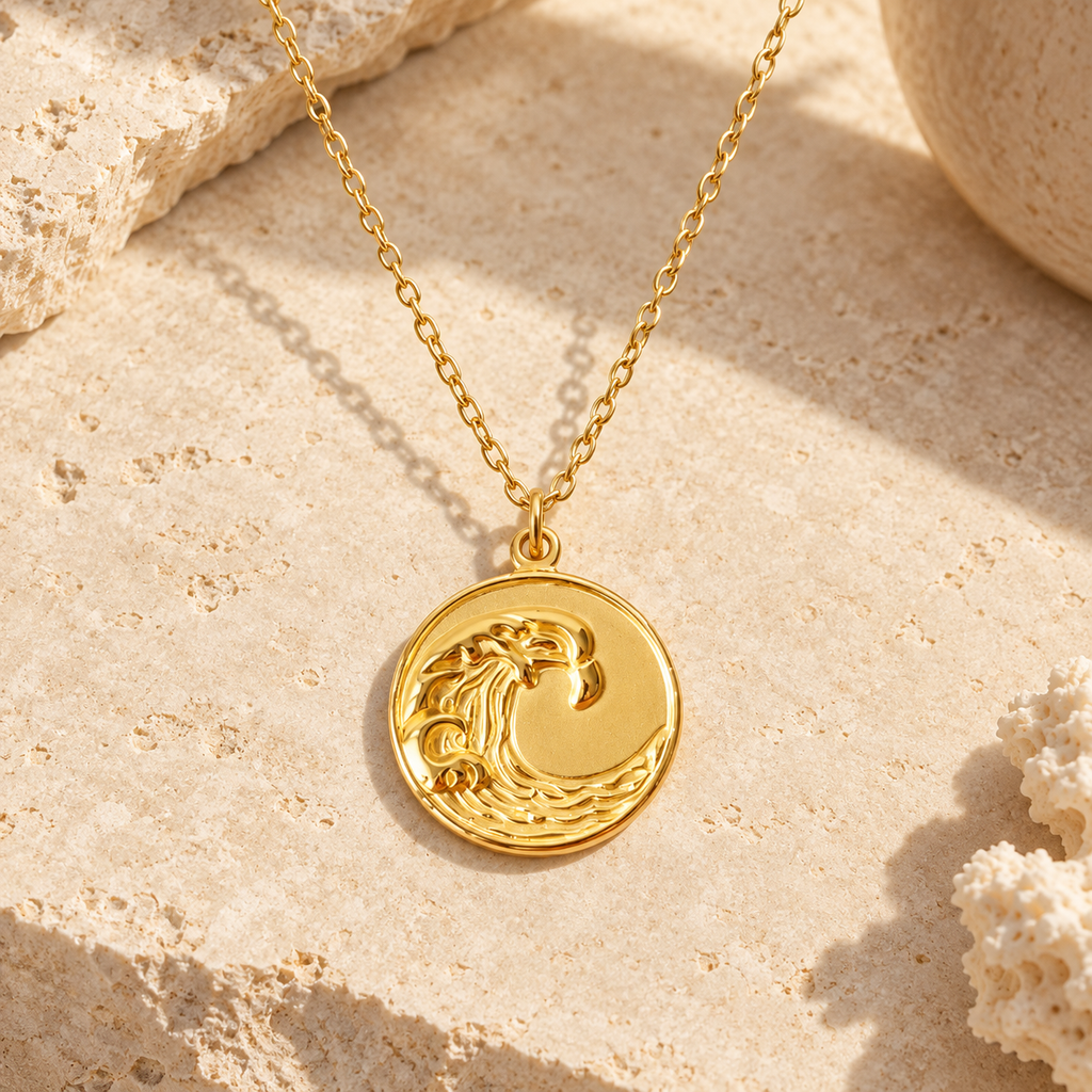 Ondessa gold wave medallion necklace with a fine cable chain