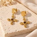 Orsina Sculpted Cross Drop Earrings — complete pair with textured studs and brown centre stones