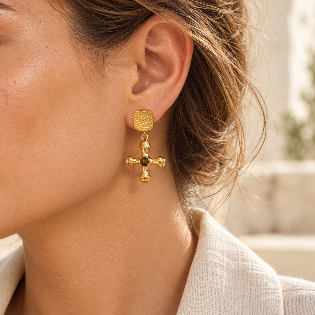 Orsina Sculpted Cross Drop Earrings — 35 mm drop worn on the ear