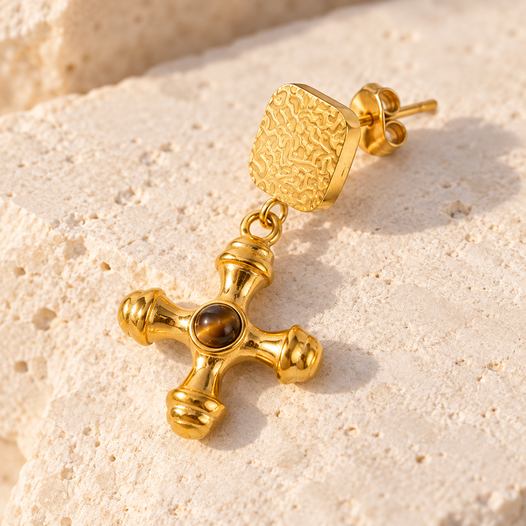 Orsina Sculpted Cross Drop Earrings — post, butterfly back and connecting rings