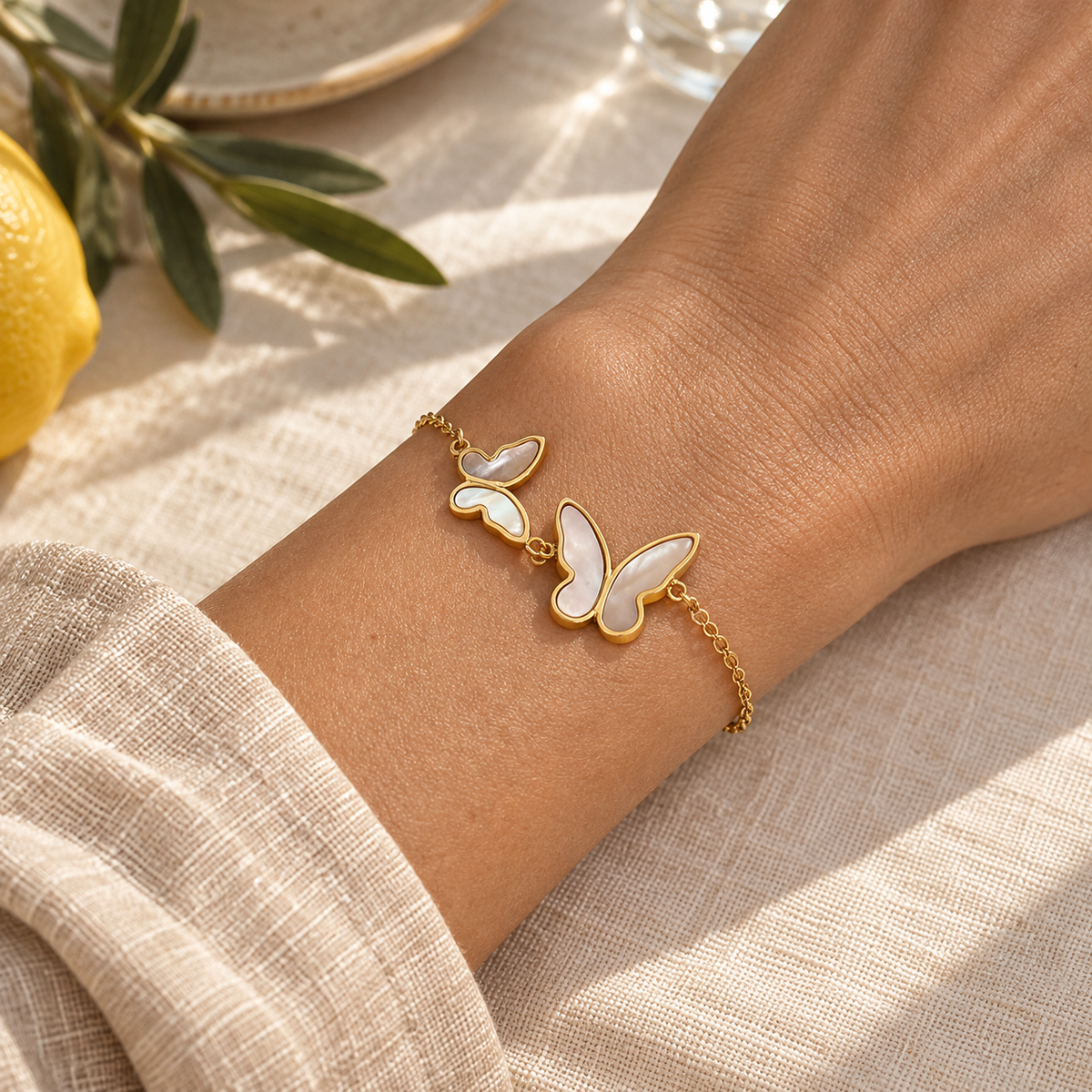 Papivelle Twin Butterfly Bracelet — worn at realistic scale