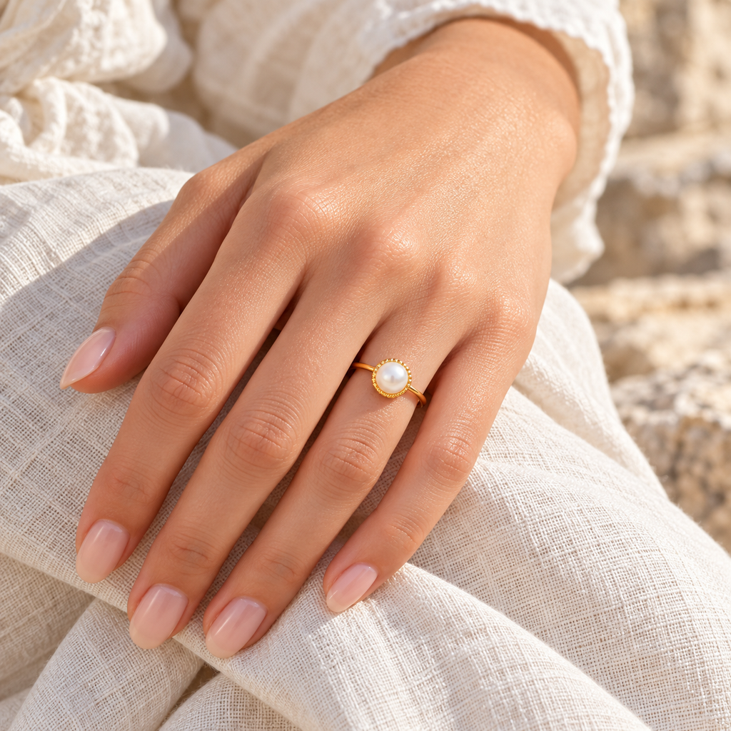 Perlavienne Beaded Rim Pearl Ring — worn at realistic scale