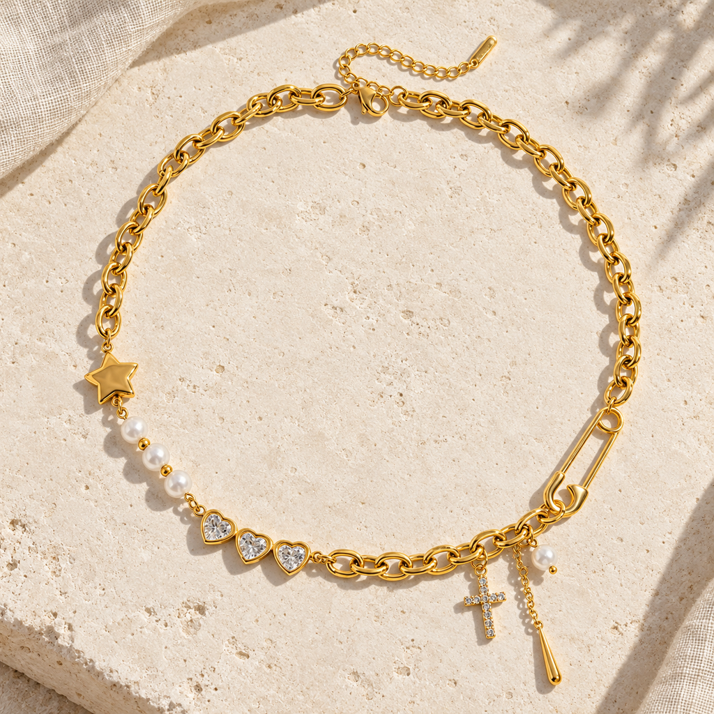 Stelavelle Pearl and Charm Necklace — full product view