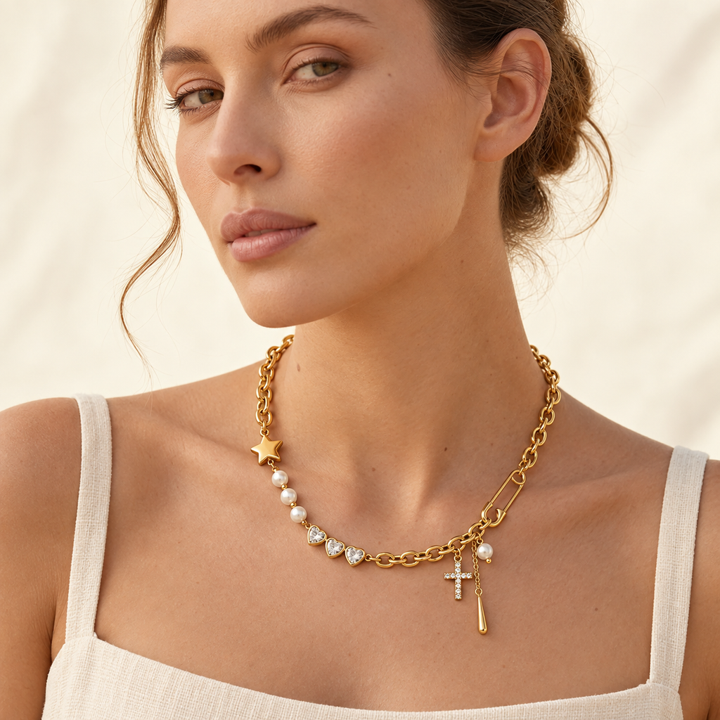 Stelavelle Pearl and Charm Necklace — worn at realistic scale