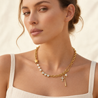 Stelavelle Pearl and Charm Necklace — worn at realistic scale