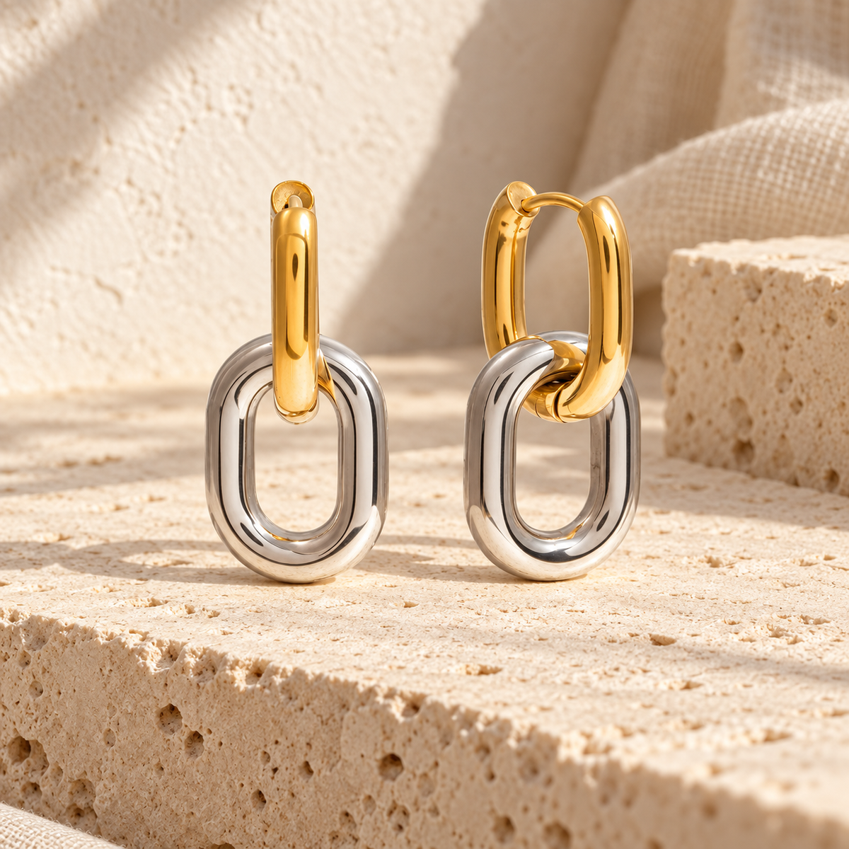 Pippelle Two-Tone Link Drop Earrings, gold upper hoop and silver lower link, Mediterranean light, view 1