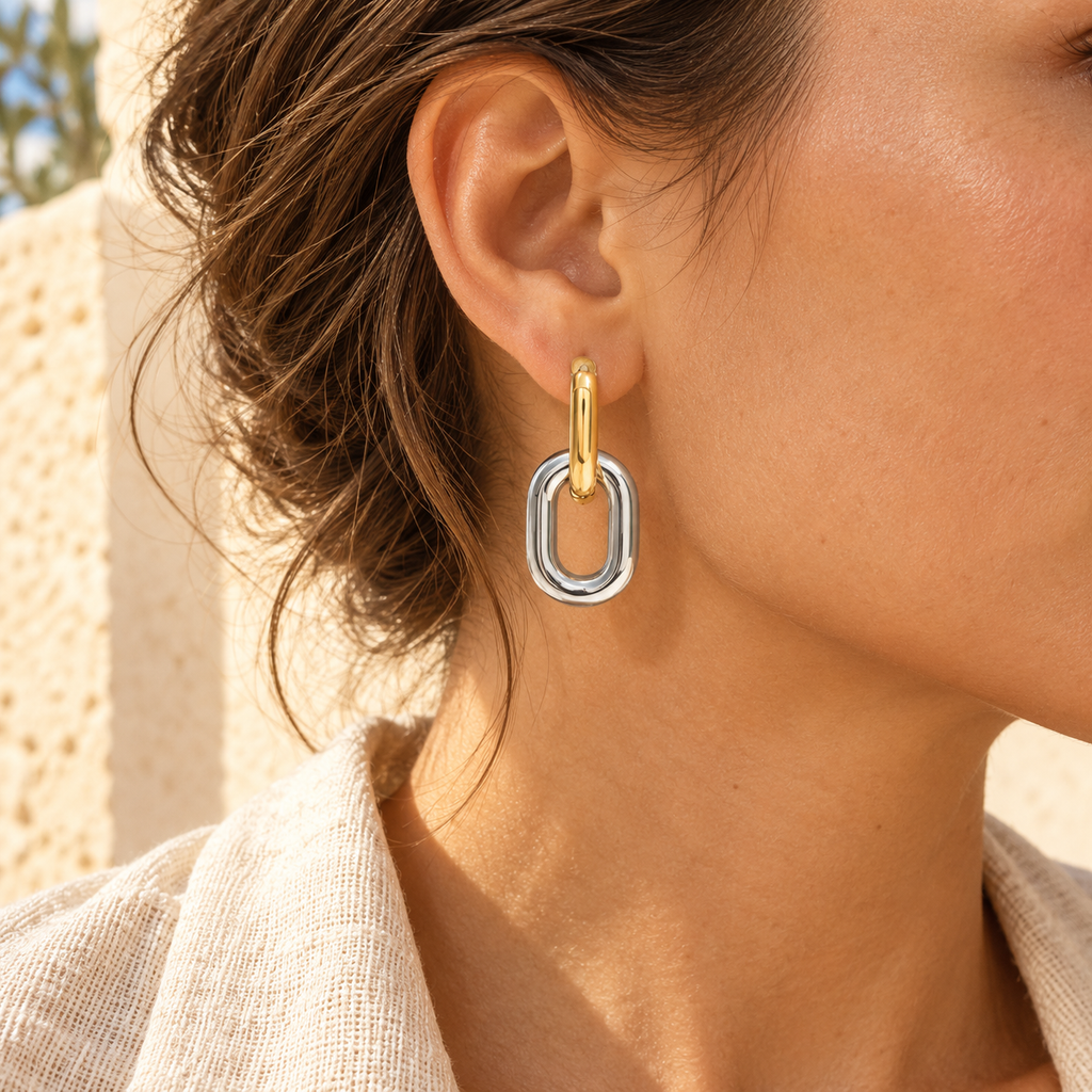 Pippelle Two-Tone Link Drop Earrings, gold upper hoop and silver lower link, Mediterranean light, view 7