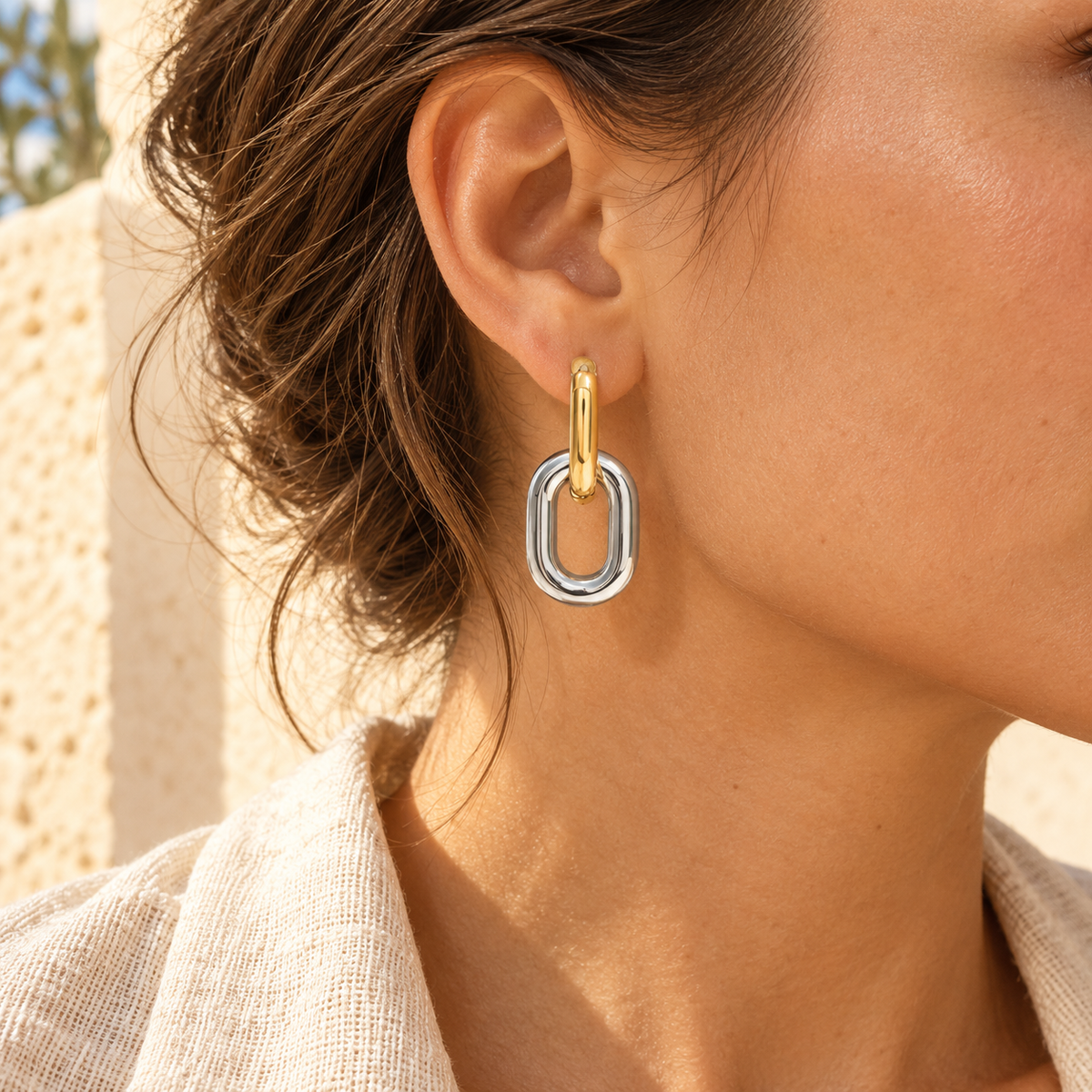 Pippelle Two-Tone Link Drop Earrings, gold upper hoop and silver lower link, Mediterranean light, view 7