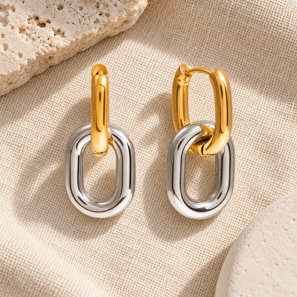 Pippelle Two-Tone Link Drop Earrings, gold upper hoop and silver lower link, Mediterranean light, view 9