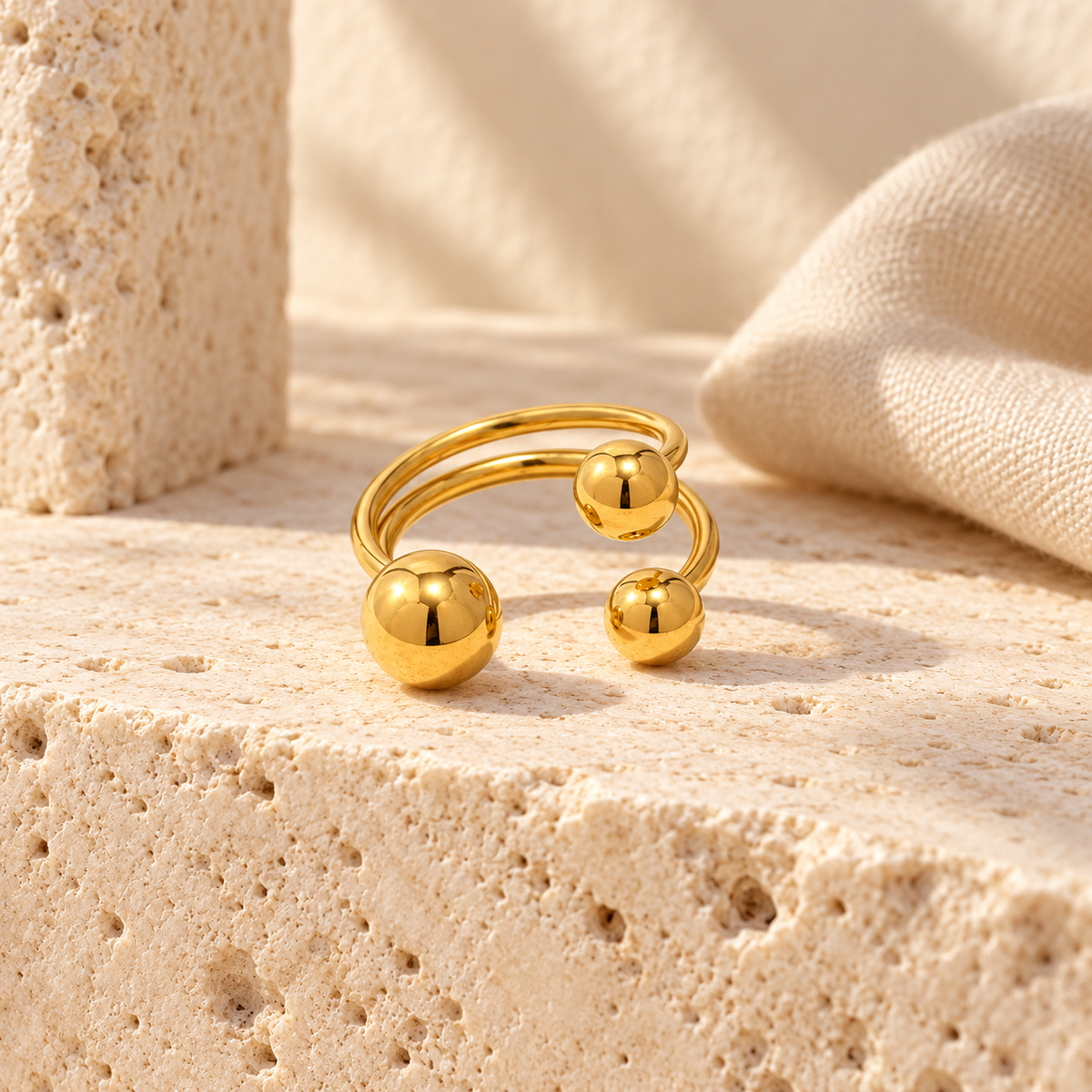 Plutelle Triple-Sphere Open Ring in 18k yellow gold, Mediterranean light, view 9