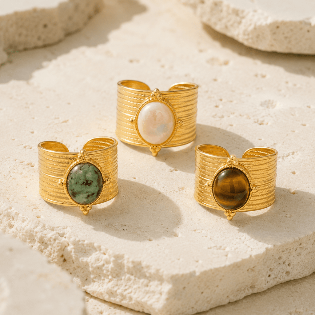 Soraya Ridged Cabochon Cuff Ring - Luzy Jewels