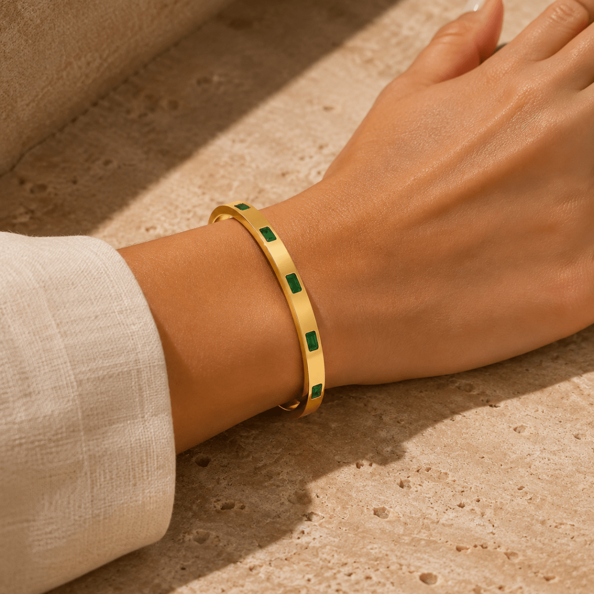 Vireya Green Baguette Hinged Bangle - Luzy Jewels