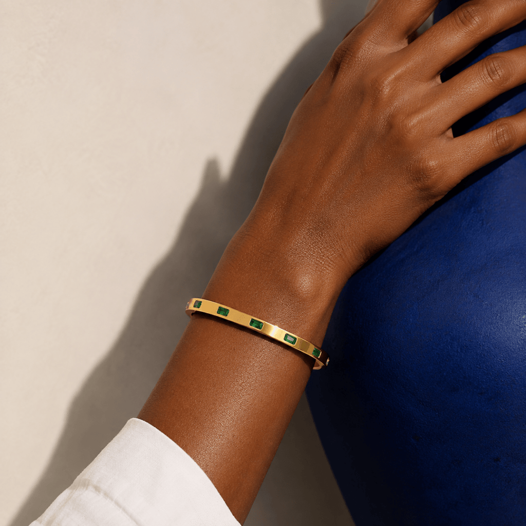 Vireya Green Baguette Hinged Bangle - Luzy Jewels