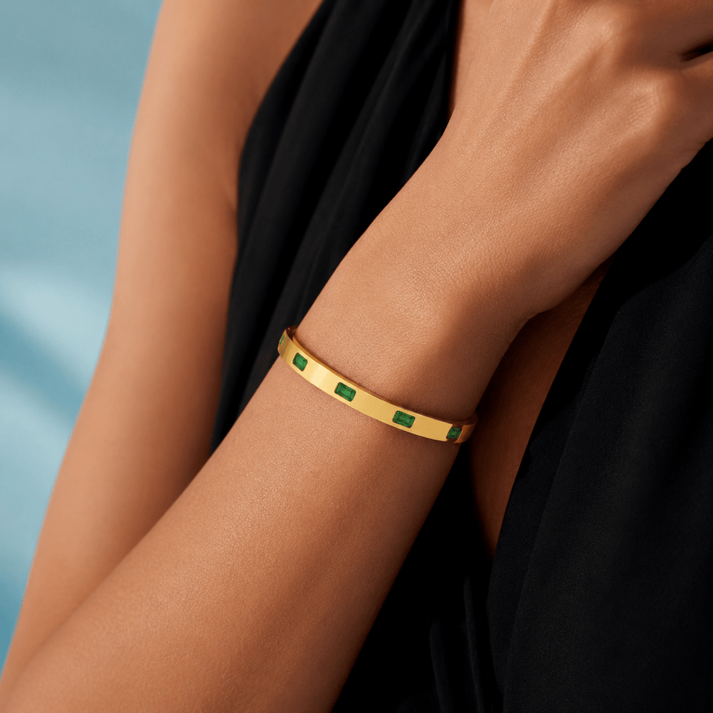 Vireya Green Baguette Hinged Bangle - Luzy Jewels