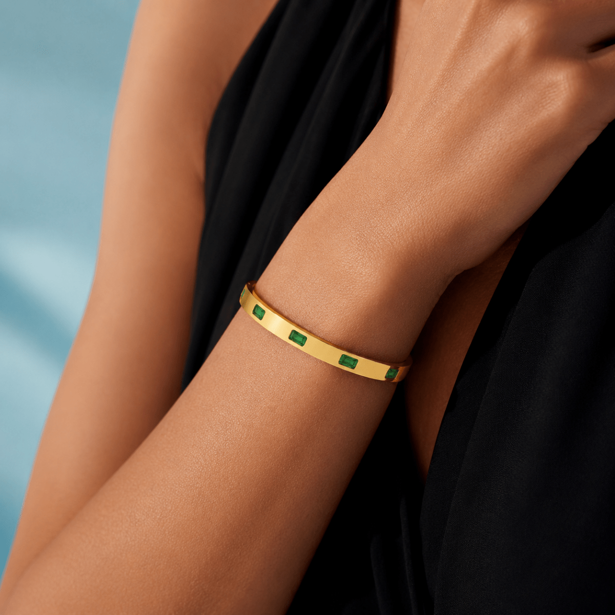 Vireya Green Baguette Hinged Bangle - Luzy Jewels